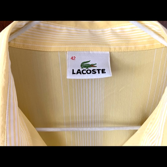 Lacoste yellow cotton woman dress shirt thin white stripes crocodile logo US 10 - Picture 7 of 15